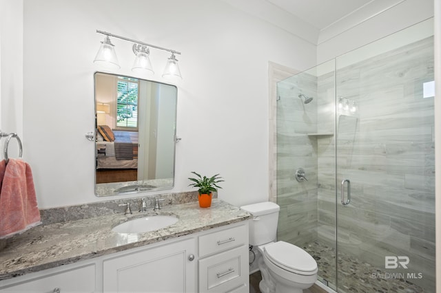 bathroom with a shower with door, vanity, and toilet