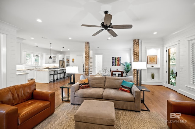 living room with ceiling fan and light hardwood / wood-style flooring