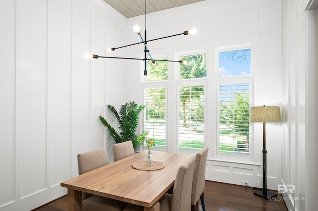 dining space featuring an inviting chandelier, dark wood-type flooring, and a wealth of natural light