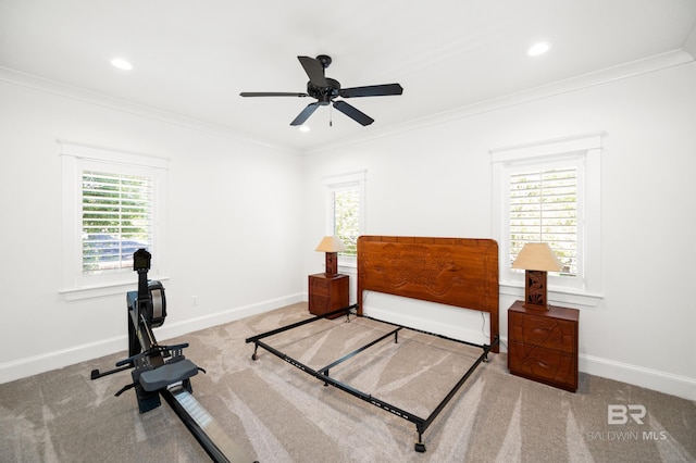 carpeted bedroom with ceiling fan and crown molding