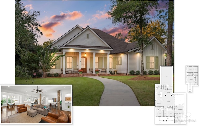 view of front of house with ceiling fan, a porch, and a lawn