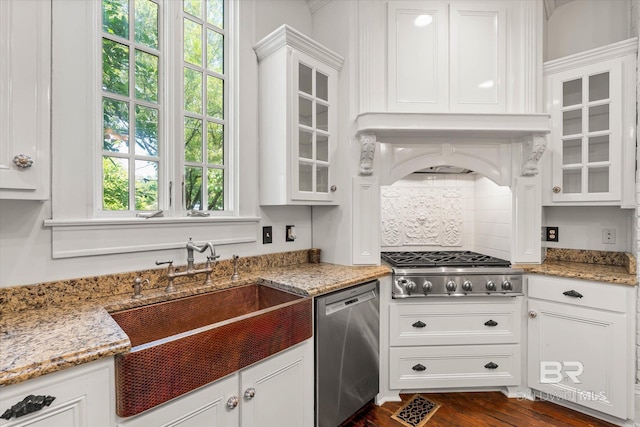 251 S Georgia Ave, Mobile, AL 36604 - kitchen featuring custom exhaust hood, glass insert cabinets, appliances with stainless steel finishes, white cabinetry, and dark wood-style flooring