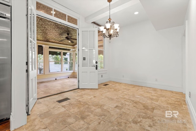251 S Georgia Ave, Mobile, AL 36604 - unfurnished dining area with ceiling fan with notable chandelier, baseboards, stone finish floor, and visible vents