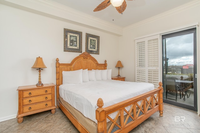 bedroom featuring access to exterior, crown molding, and a ceiling fan