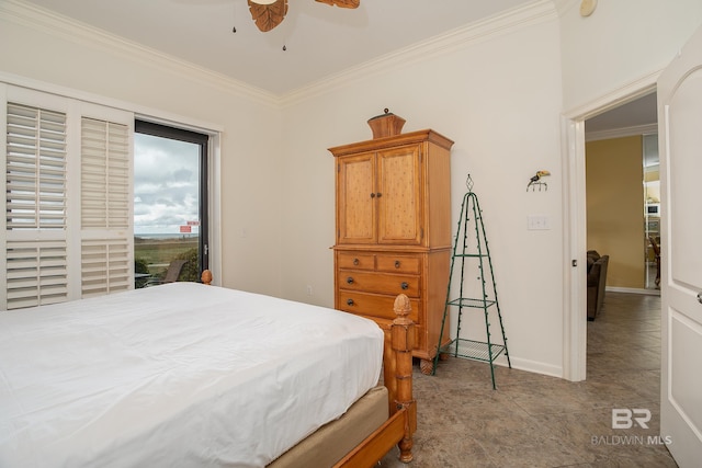 bedroom with a ceiling fan, crown molding, access to exterior, and baseboards