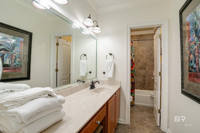 full bathroom with tile patterned floors, shower / bath combo, ornamental molding, and vanity