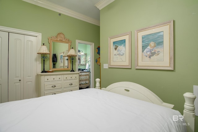 bedroom with a closet and ornamental molding