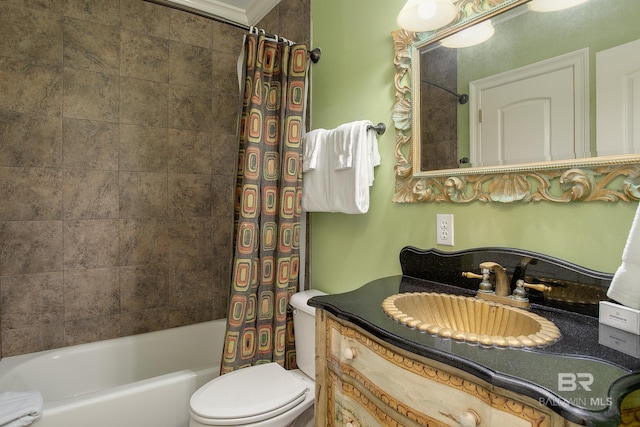 full bathroom with vanity, toilet, and shower / bathtub combination with curtain