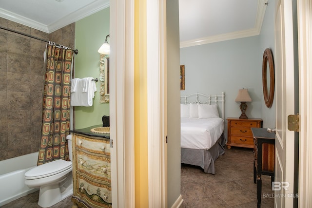 full bath featuring tile patterned flooring, toilet, ornamental molding, shower / tub combo, and vanity