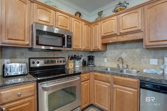 kitchen with decorative backsplash, stainless steel appliances, crown molding, and a sink