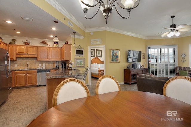 dining area featuring light tile patterned floors, visible vents, ceiling fan with notable chandelier, and ornamental molding