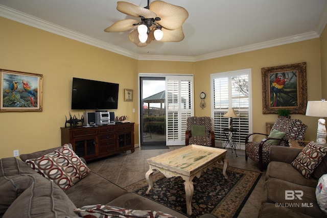 tiled living area featuring crown molding and ceiling fan