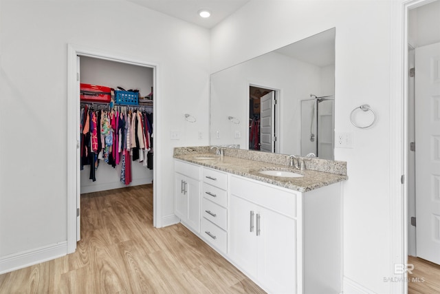 bathroom featuring double vanity, wood finished floors, a sink, and a walk in closet