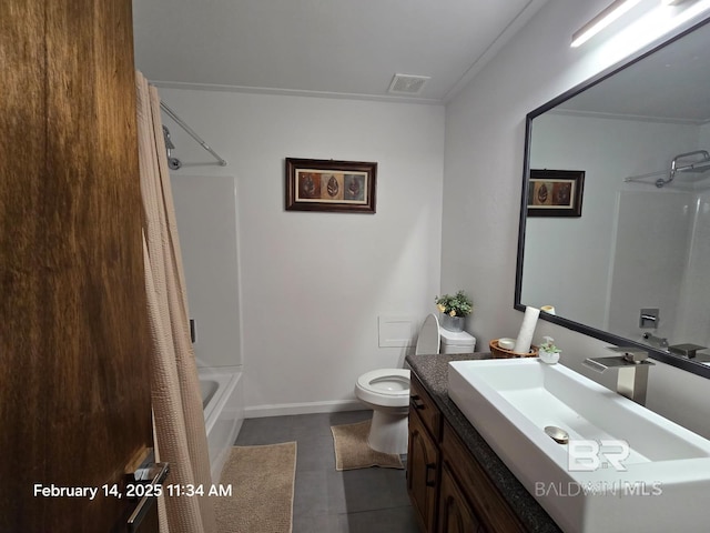 full bathroom with toilet, tile patterned floors, vanity, and shower / bathtub combination with curtain