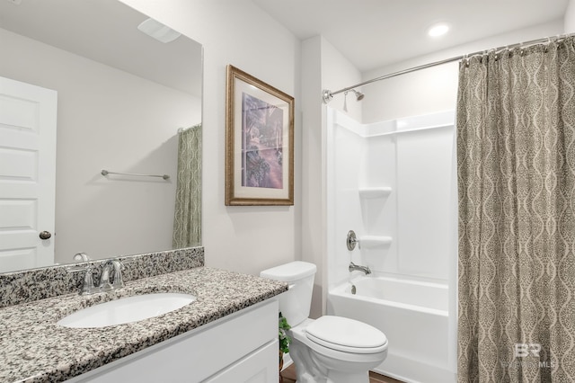 full bathroom with toilet, vanity, and shower / bathtub combination with curtain