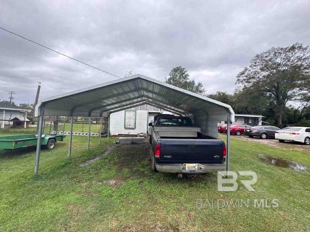 view of car parking featuring a lawn and a carport