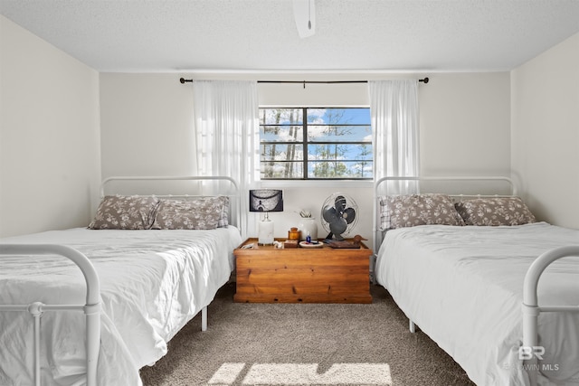 carpeted bedroom with a textured ceiling