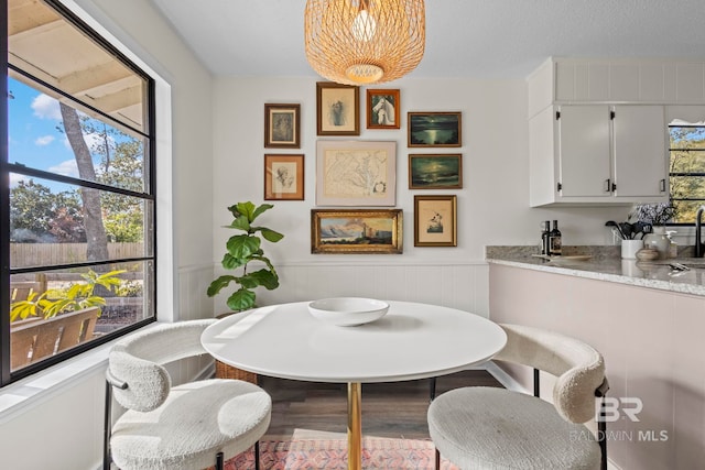 dining room with a wainscoted wall, a textured ceiling, breakfast area, and wood finished floors