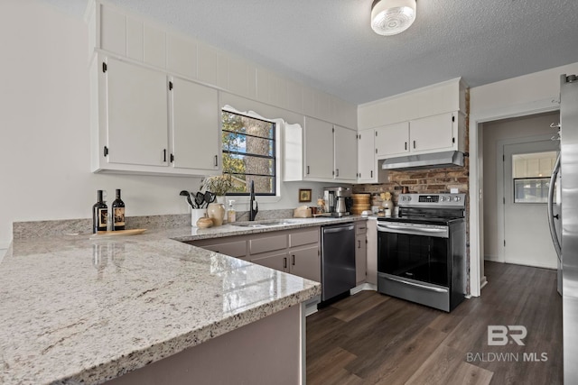 kitchen with dark wood-style floors, stainless steel appliances, under cabinet range hood, white cabinetry, and a sink