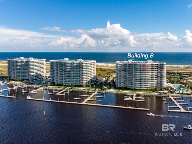 drone / aerial view featuring a water view