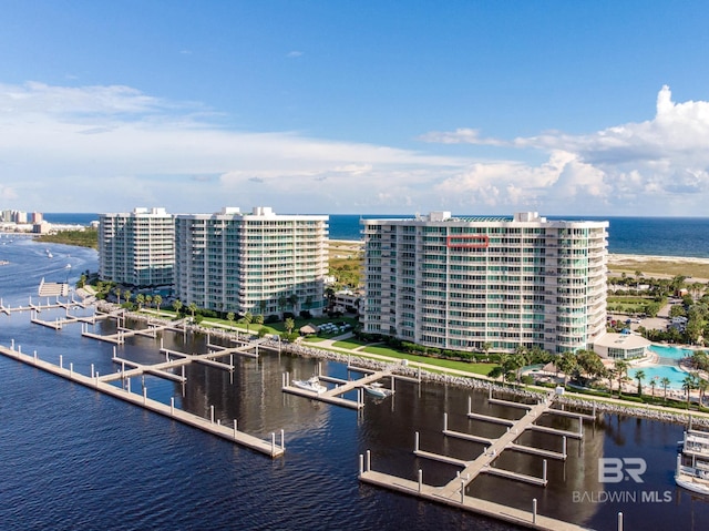 drone / aerial view with a water view