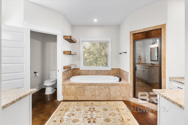 full bathroom featuring vanity, toilet, wood-type flooring, and vaulted ceiling