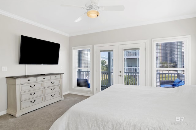 bedroom with crown molding, baseboards, a ceiling fan, light carpet, and access to exterior