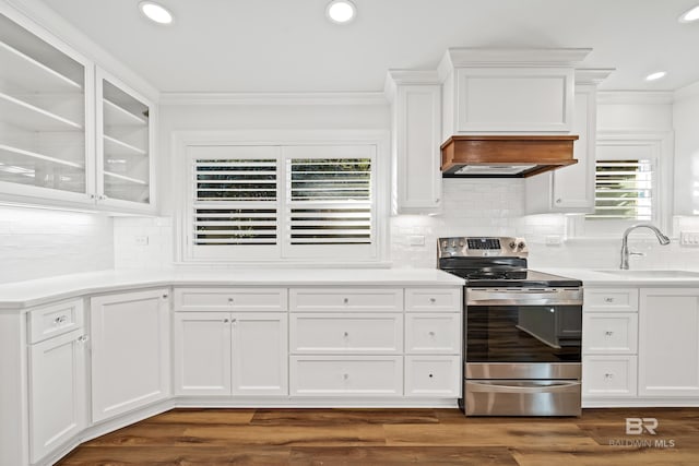 kitchen with a sink, white cabinets, light countertops, custom exhaust hood, and stainless steel electric stove