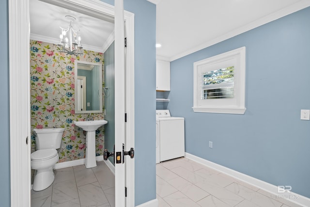 half bathroom with crown molding, baseboards, and wallpapered walls