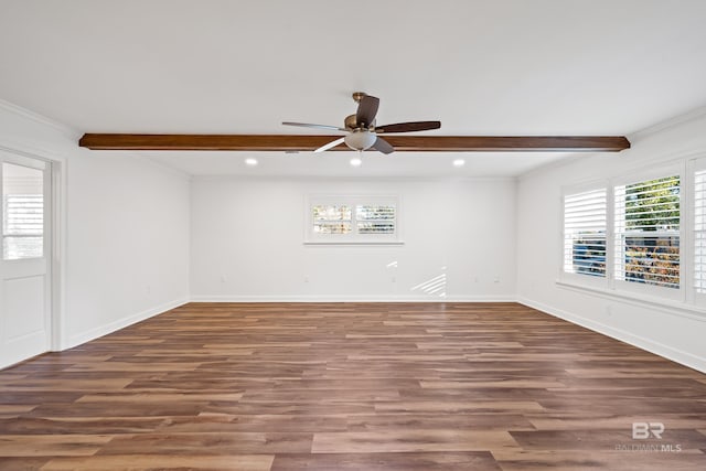 unfurnished room featuring beam ceiling, baseboards, and dark wood-style flooring