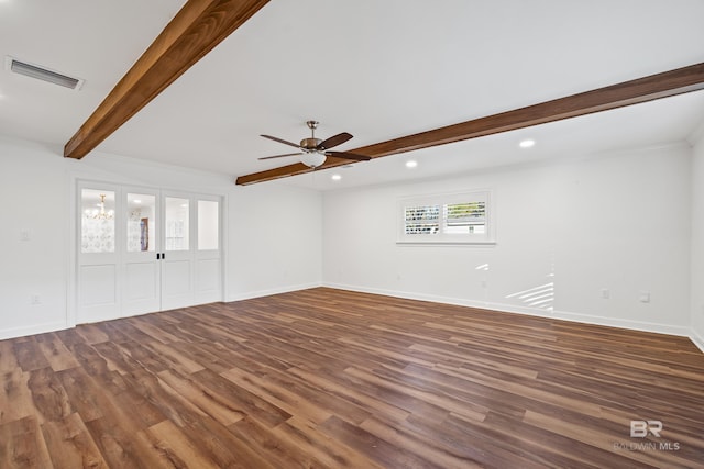 spare room featuring recessed lighting, visible vents, baseboards, beamed ceiling, and dark wood finished floors