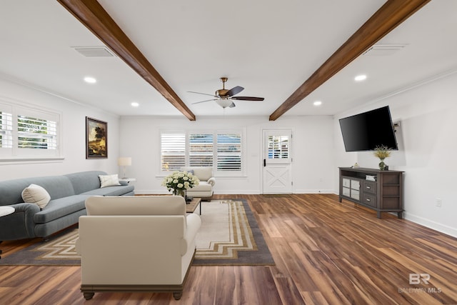 living room with dark wood-style floors, baseboards, visible vents, and beamed ceiling