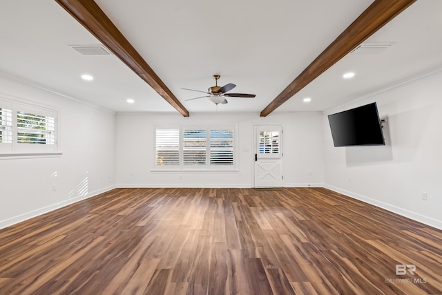 unfurnished living room featuring beam ceiling, dark wood finished floors, recessed lighting, visible vents, and baseboards