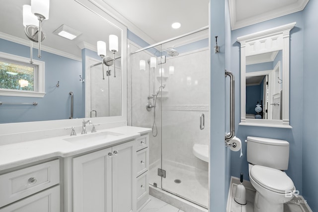 bathroom featuring toilet, ornamental molding, marble finish floor, vanity, and a shower stall