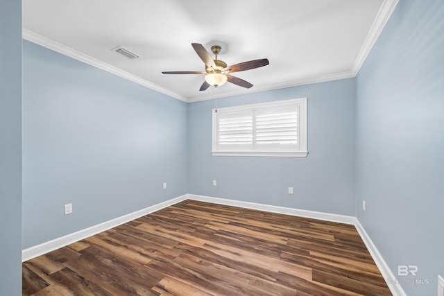 unfurnished room featuring baseboards, visible vents, a ceiling fan, dark wood-style floors, and crown molding