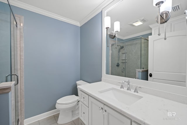 bathroom with ornamental molding, a stall shower, and visible vents