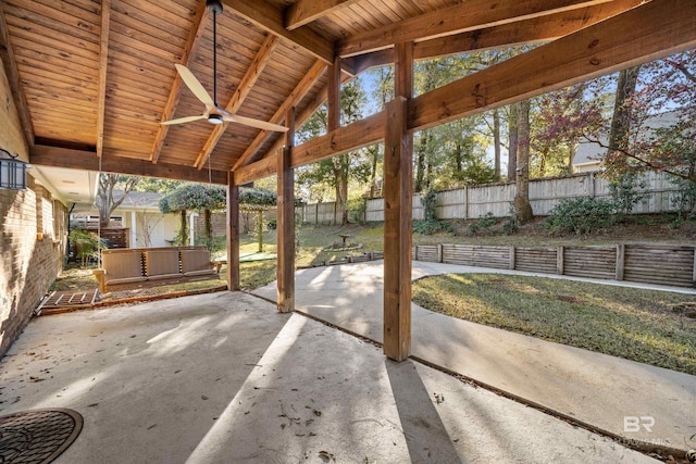 view of patio with a ceiling fan and a fenced backyard