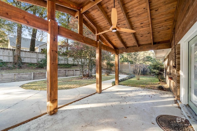 view of patio featuring ceiling fan and a fenced backyard