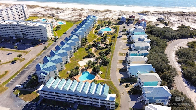 aerial view with a view of the beach and a water view