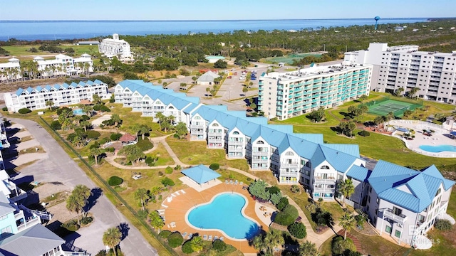 drone / aerial view with a water view