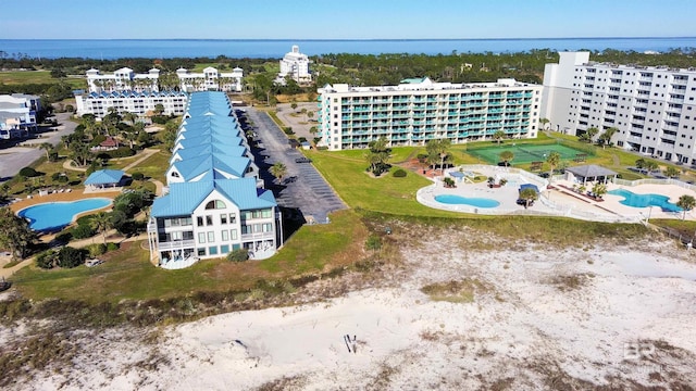 aerial view featuring a water view