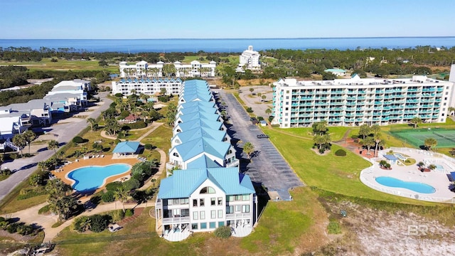 birds eye view of property featuring a water view