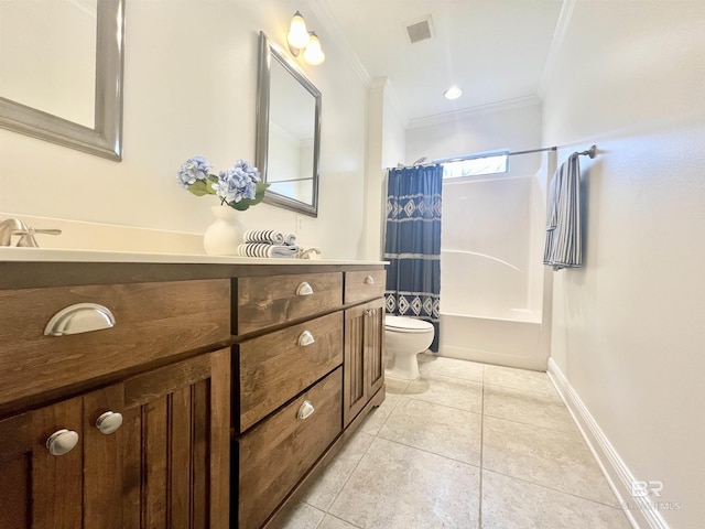 bathroom featuring ornamental molding, shower / bath combo, visible vents, and tile patterned floors