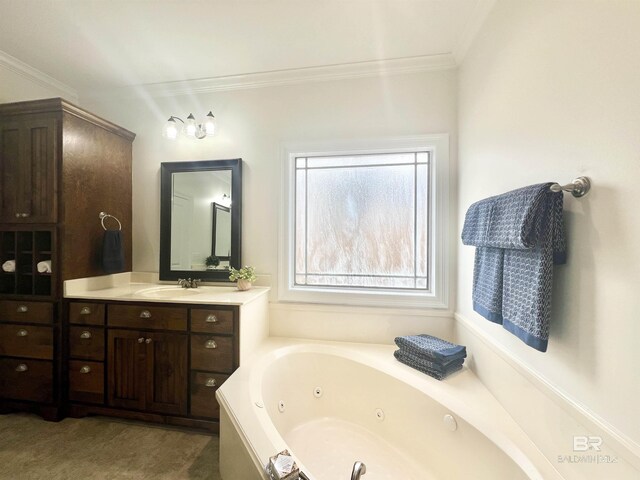 10340 Gayfer Road Ext, Fairhope, AL 36532 - bathroom featuring a whirlpool tub, ornamental molding, and vanity