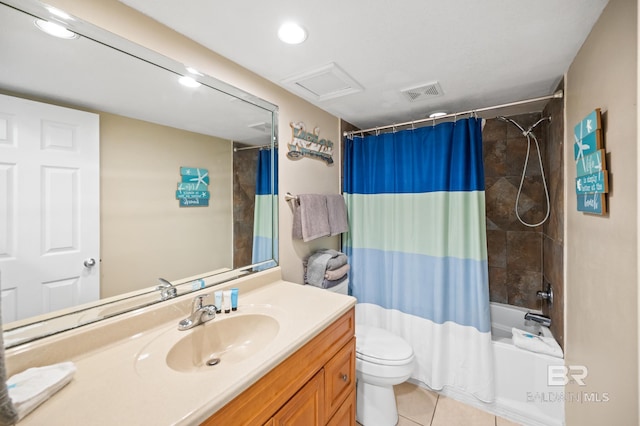 full bathroom with toilet, vanity, shower / tub combo with curtain, and tile patterned flooring