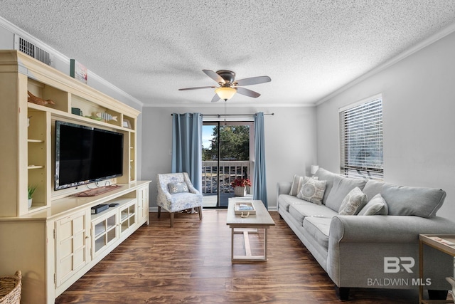 living room featuring a wealth of natural light, ornamental molding, dark hardwood / wood-style floors, and ceiling fan