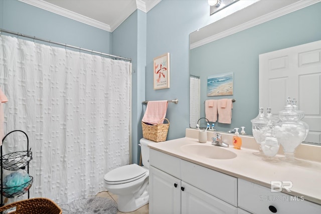 bathroom featuring vanity, tile patterned flooring, a shower with shower curtain, toilet, and ornamental molding