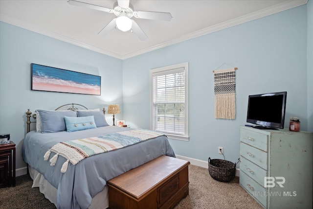 bedroom with carpet flooring, ceiling fan, and crown molding