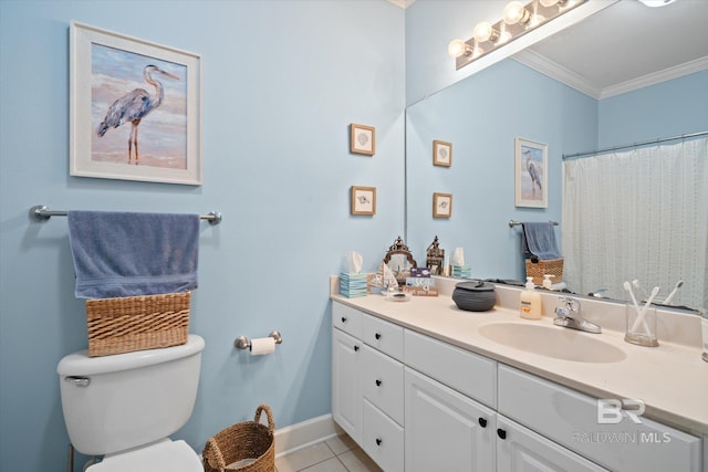 bathroom featuring vanity, tile patterned floors, toilet, ornamental molding, and curtained shower