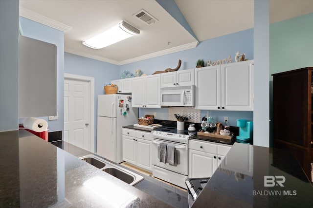 kitchen featuring white cabinetry, sink, white appliances, decorative backsplash, and ornamental molding